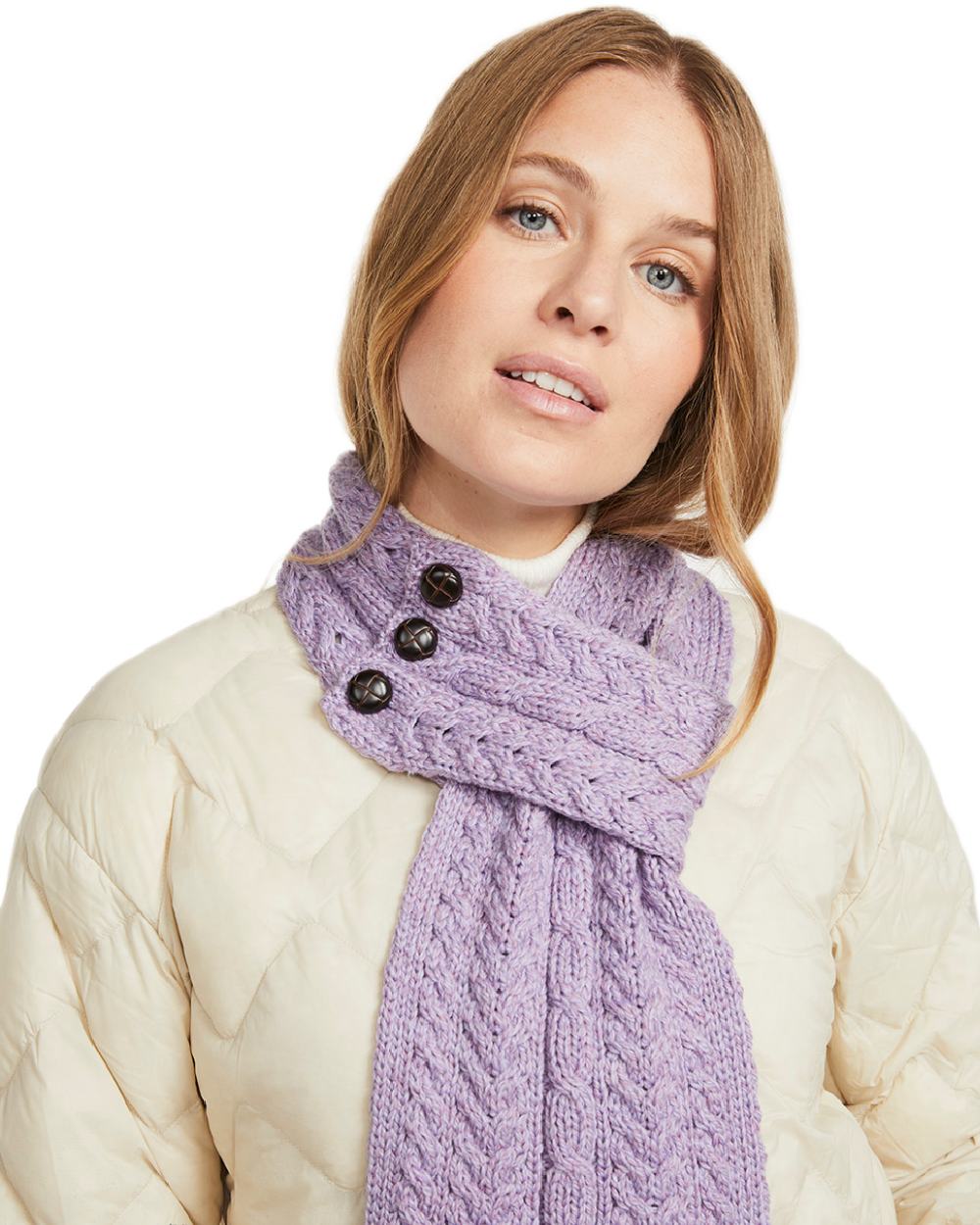 Lavender Coloured Aran Womens Ballina Buttoned Loop Scarf on white background 