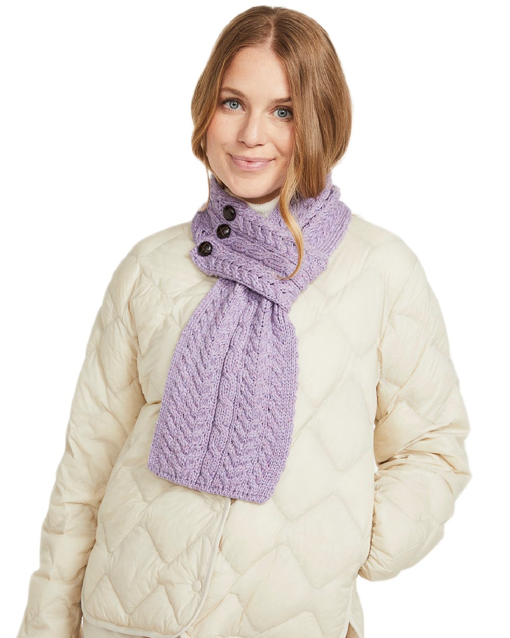 Lavender Coloured Aran Womens Ballina Buttoned Loop Scarf on white background 