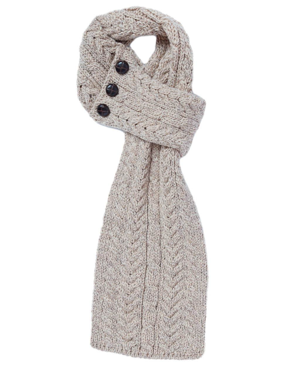 Oat Coloured Aran Womens Ballina Buttoned Loop Scarf on white background 