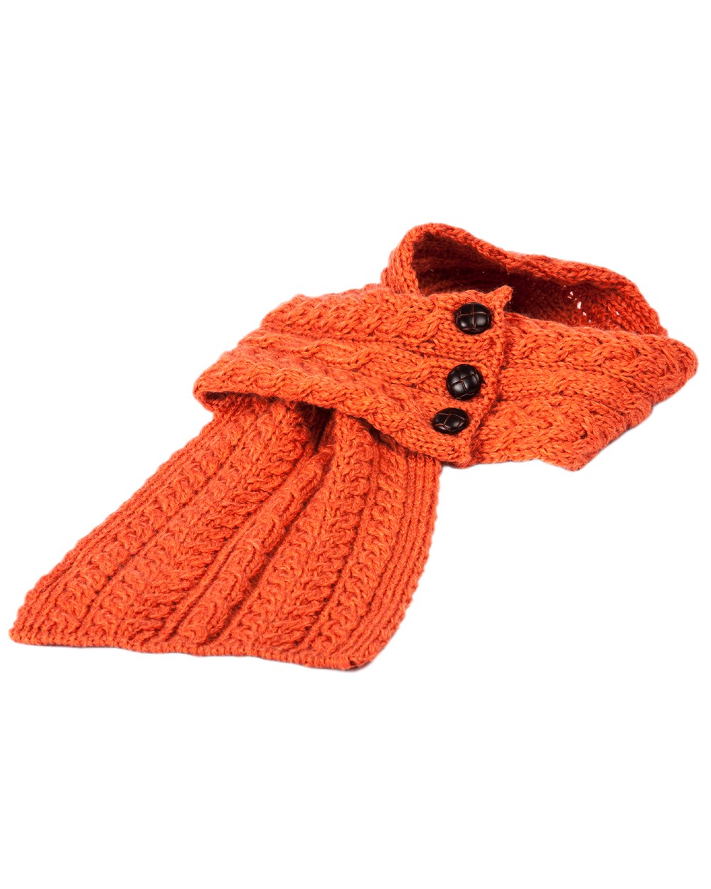 Red Orange Coloured Aran Womens Ballina Buttoned Loop Scarf on white background 
