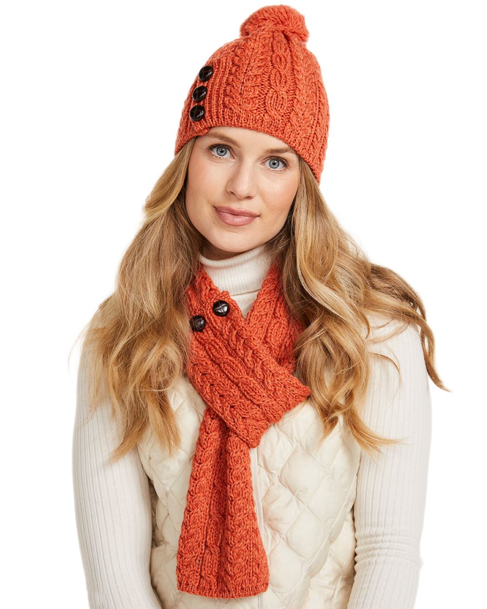Red Orange Coloured Aran Womens Ballina Buttoned Loop Scarf on white background 