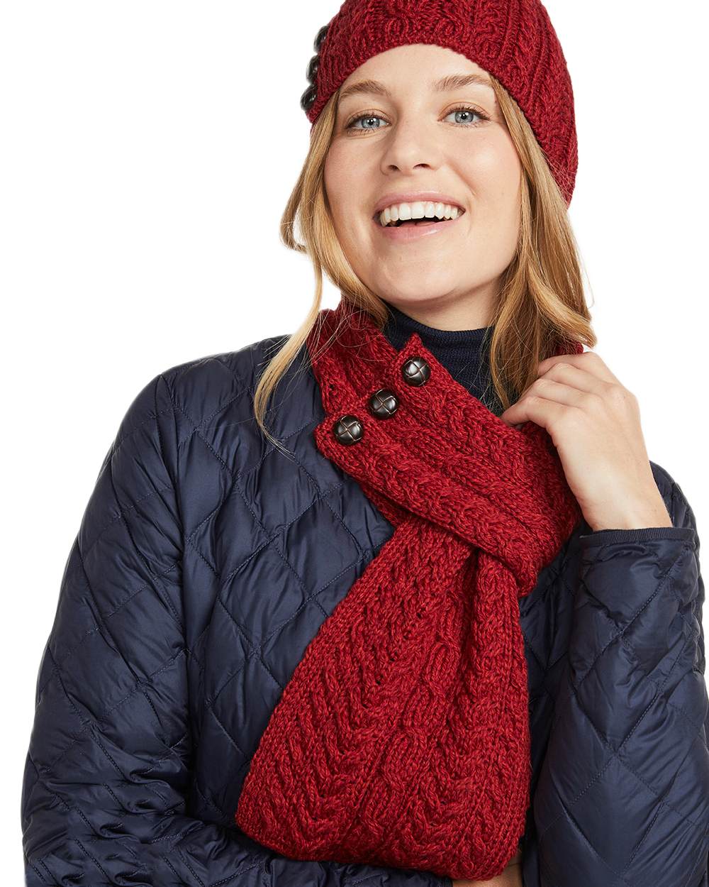 Red Coloured Aran Womens Ballina Buttoned Loop Scarf on white background 