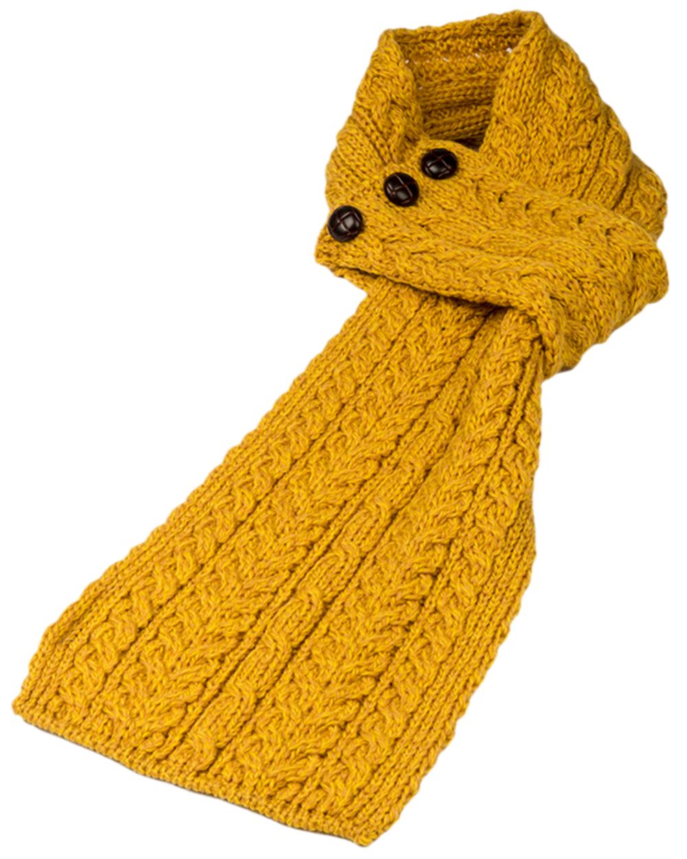 Yellow Coloured Aran Womens Ballina Buttoned Loop Scarf on white background 
