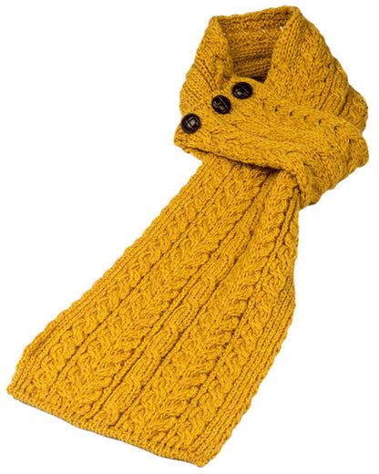 Yellow Coloured Aran Womens Ballina Buttoned Loop Scarf on white background 