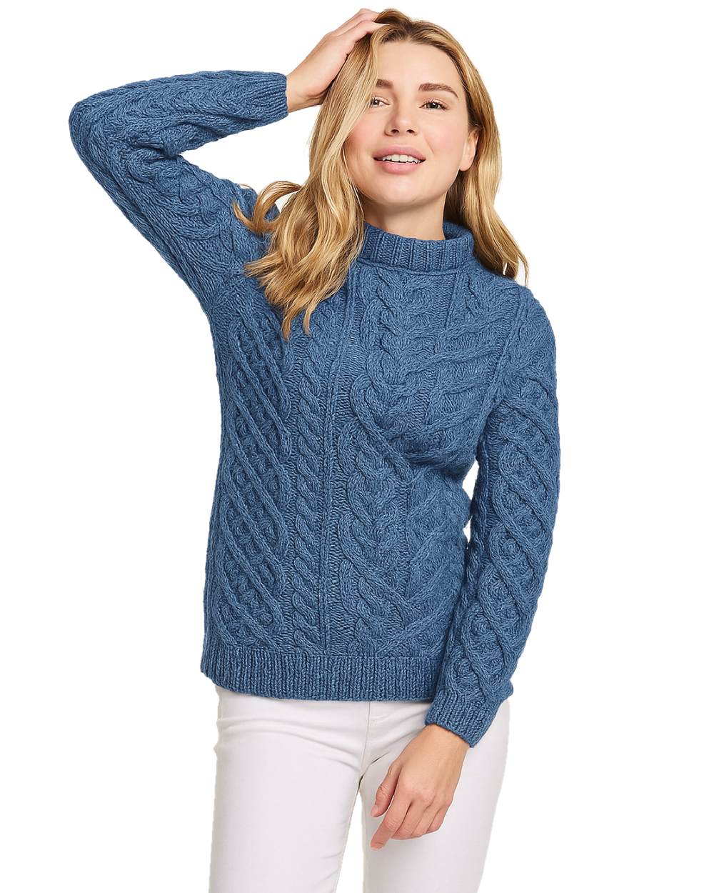 Blue Grey Coloured Aran Womens Calla Aysmmetrical Pattern Sweater on white background 