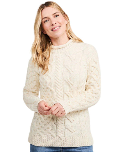 Cream Coloured Aran Womens Calla Aysmmetrical Pattern Sweater on white background 