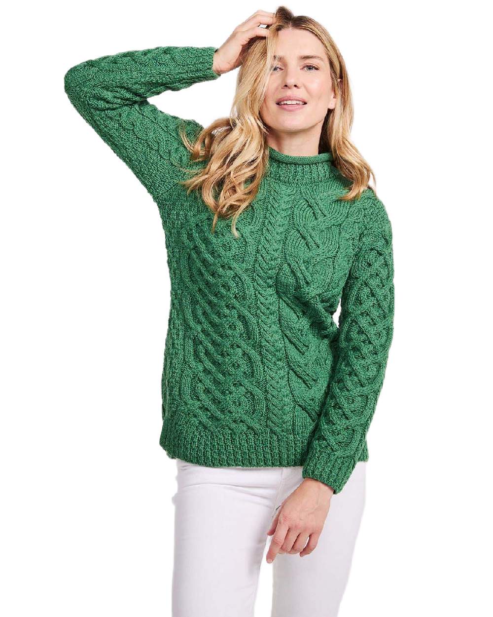 Green Coloured Aran Womens Calla Aysmmetrical Pattern Sweater on white background 