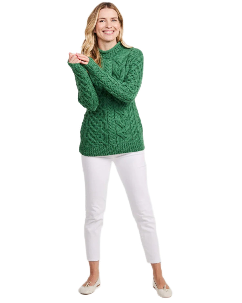 Green Coloured Aran Womens Calla Aysmmetrical Pattern Sweater on white background 