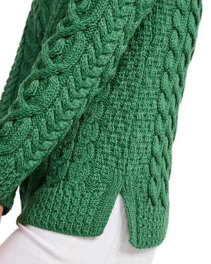 Green Coloured Aran Womens Calla Aysmmetrical Pattern Sweater on white background 