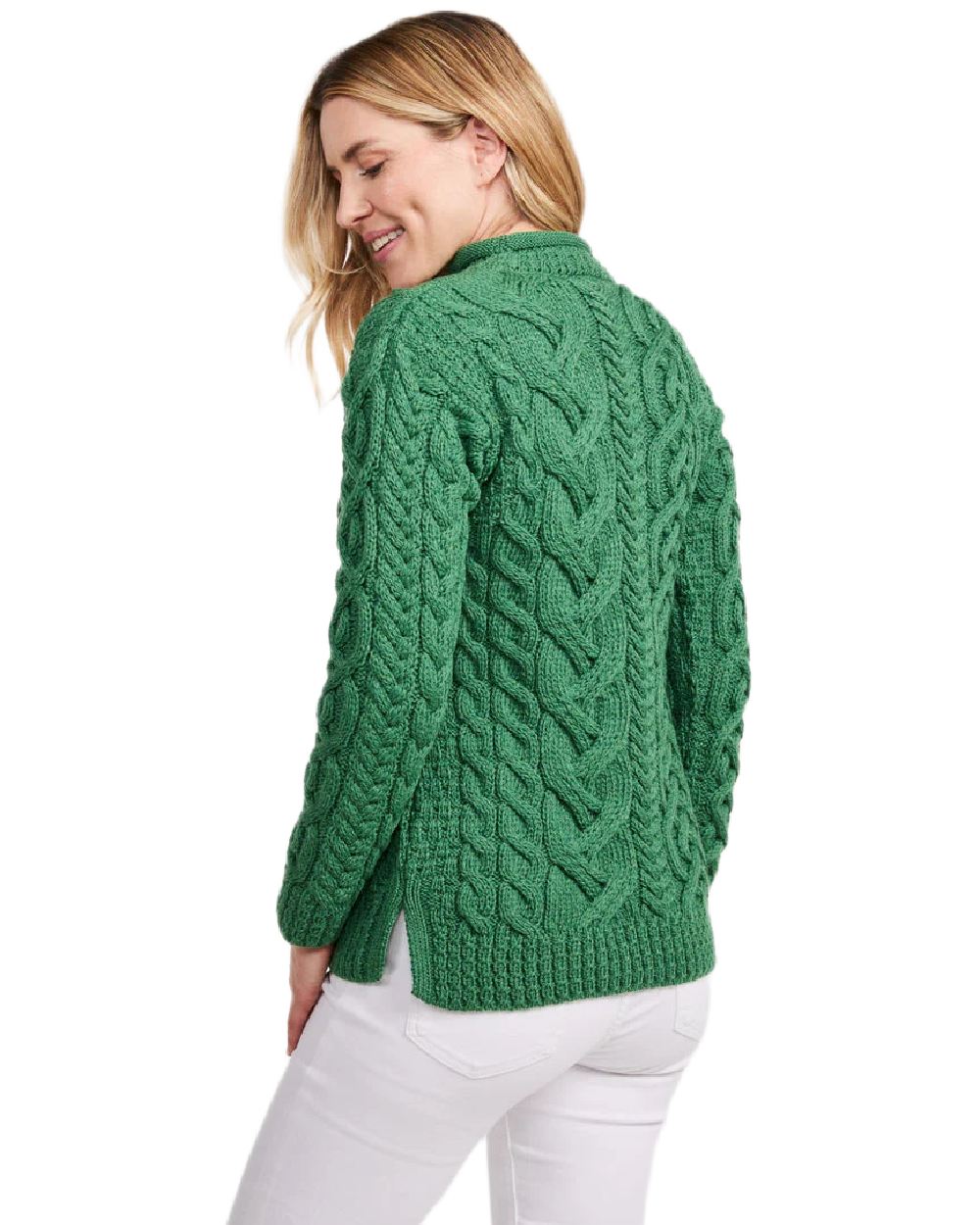 Green Coloured Aran Womens Calla Aysmmetrical Pattern Sweater on white background 