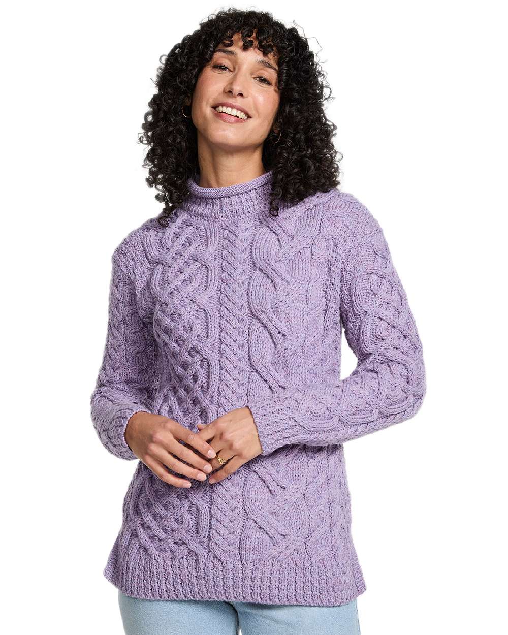 Soft Lilac Coloured Aran Womens Calla Aysmmetrical Pattern Sweater on white background 