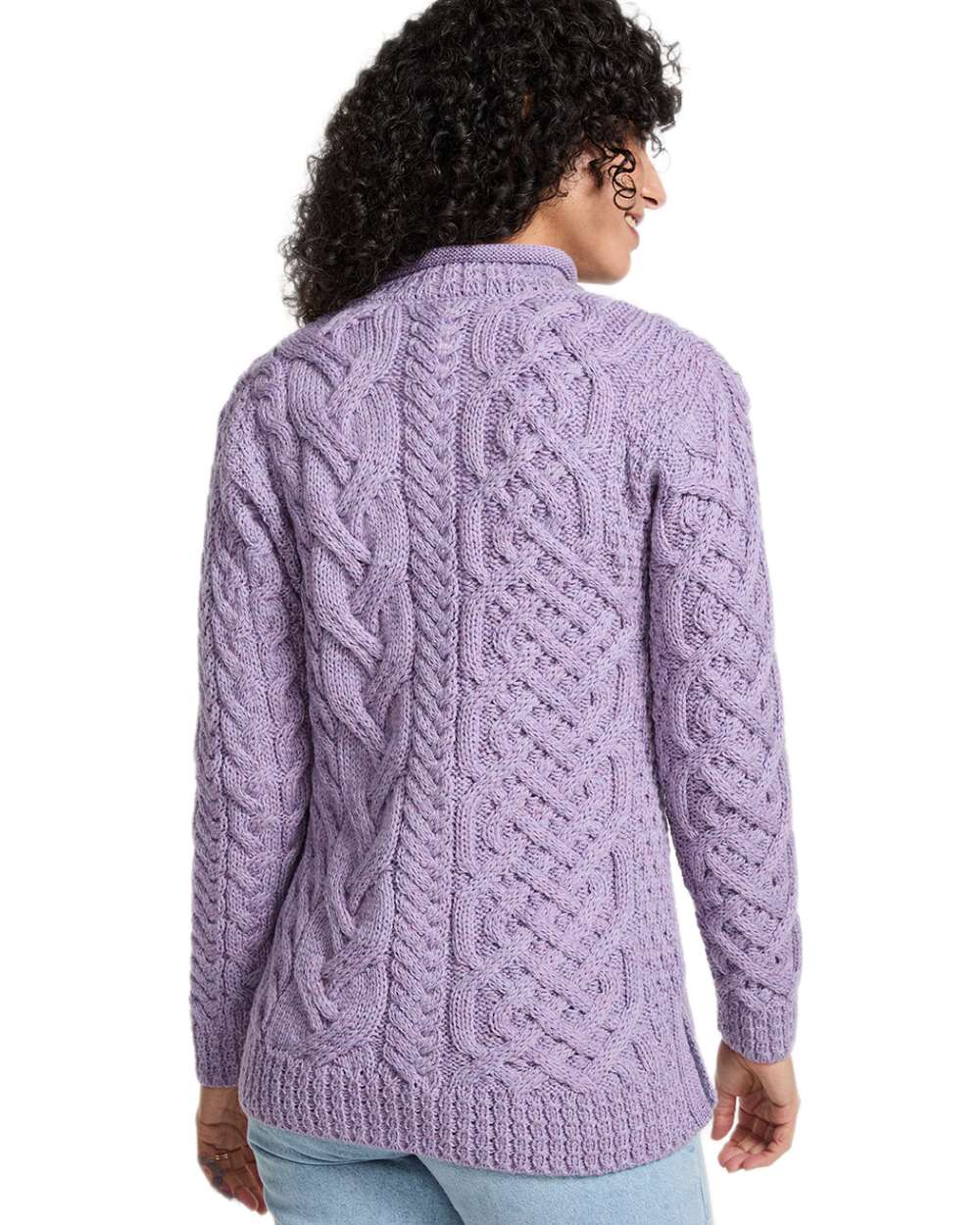 Soft Lilac Coloured Aran Womens Calla Aysmmetrical Pattern Sweater on white background 
