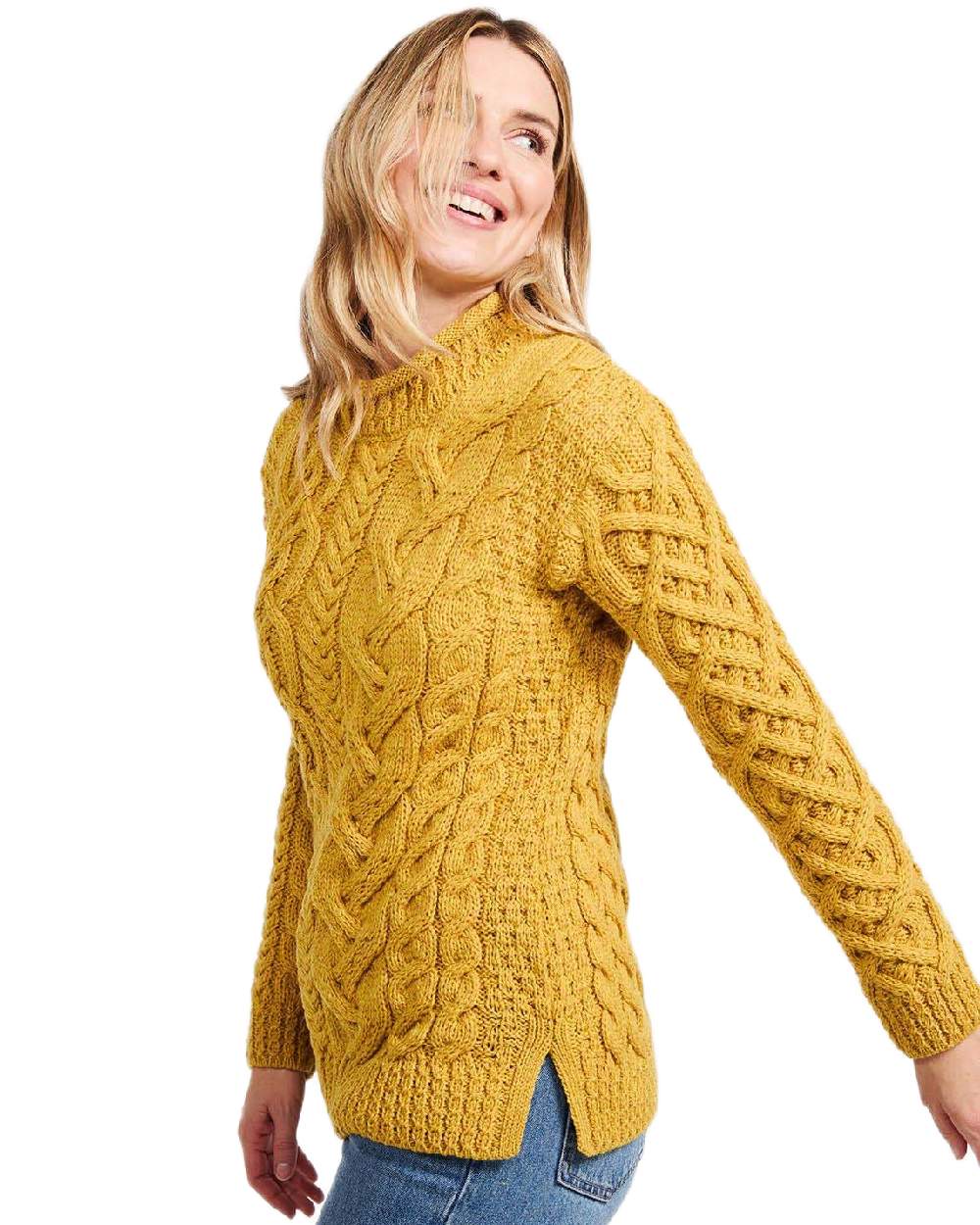 Yellow Coloured Aran Womens Calla Aysmmetrical Pattern Sweater on white background 