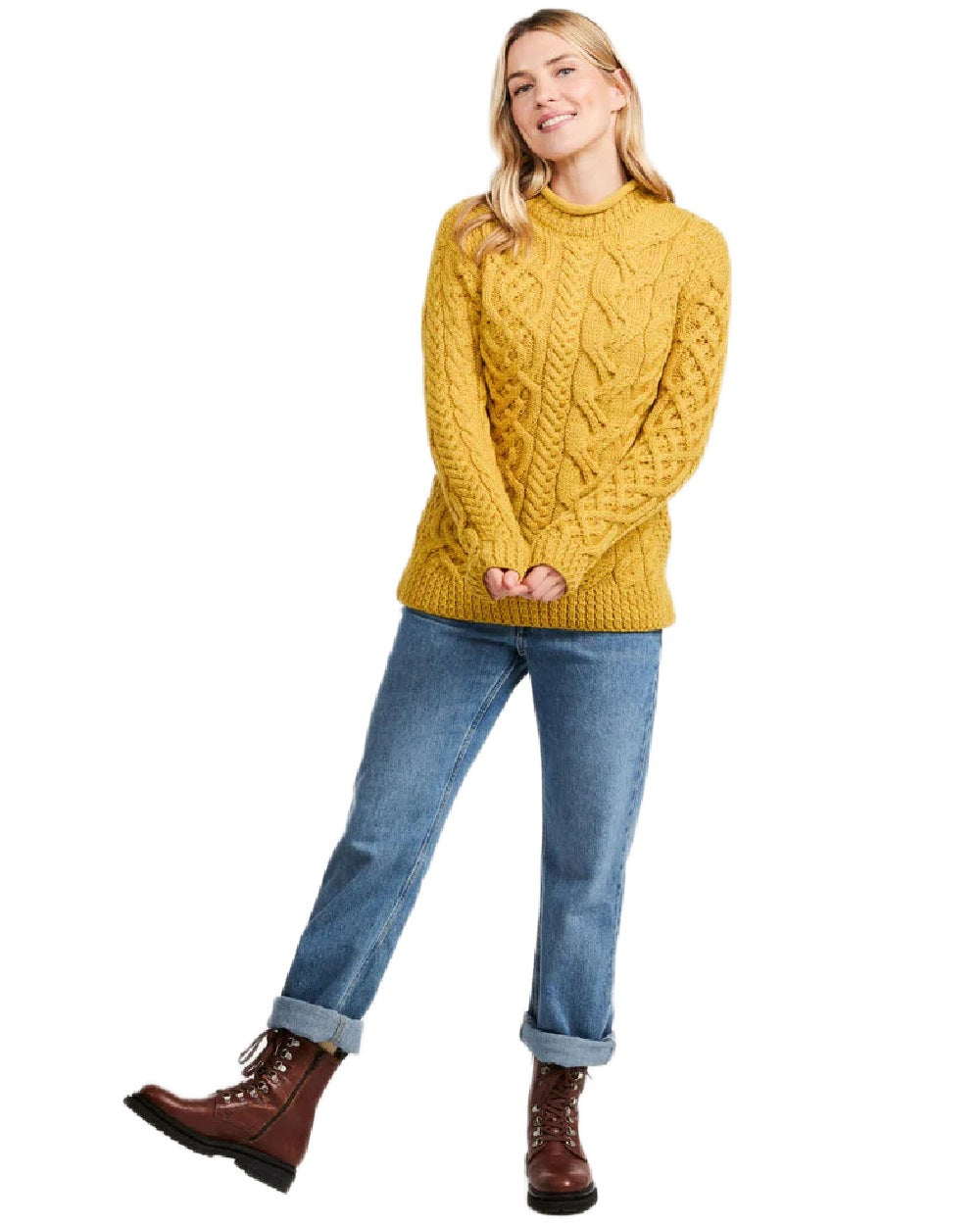 Yellow Coloured Aran Womens Calla Aysmmetrical Pattern Sweater on white background 