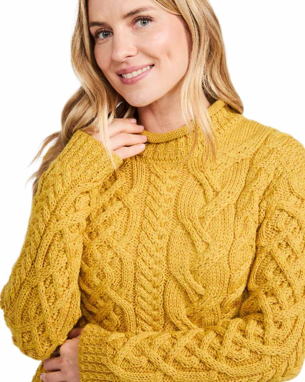 Yellow Coloured Aran Womens Calla Aysmmetrical Pattern Sweater on white background 