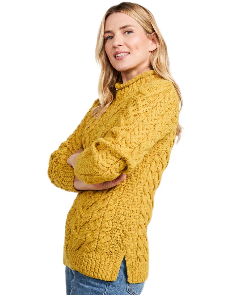 Yellow Coloured Aran Womens Calla Aysmmetrical Pattern Sweater on white background 