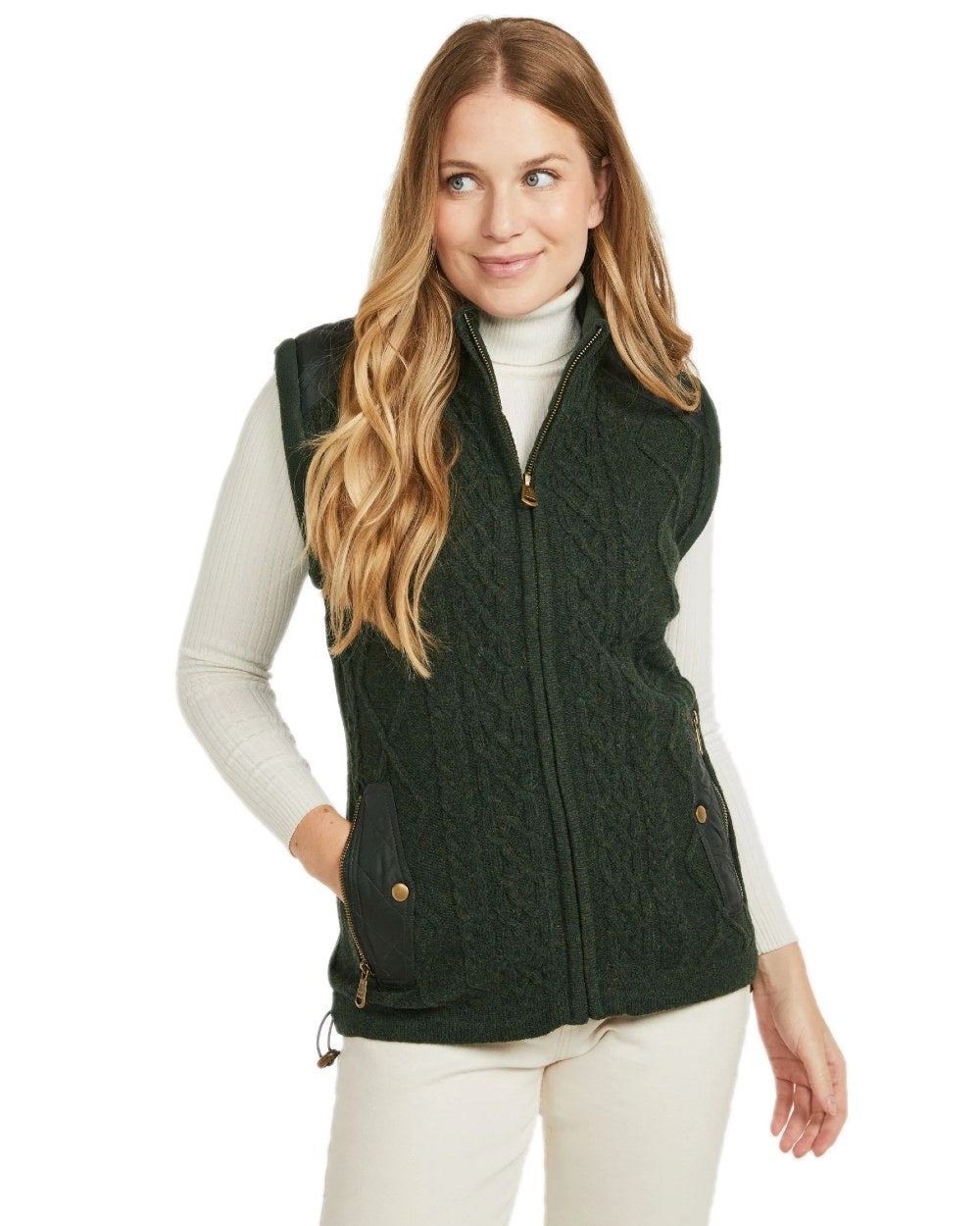 Green Coloured Aran Womens Castlehill Gilet with Fleece Collar on white background 