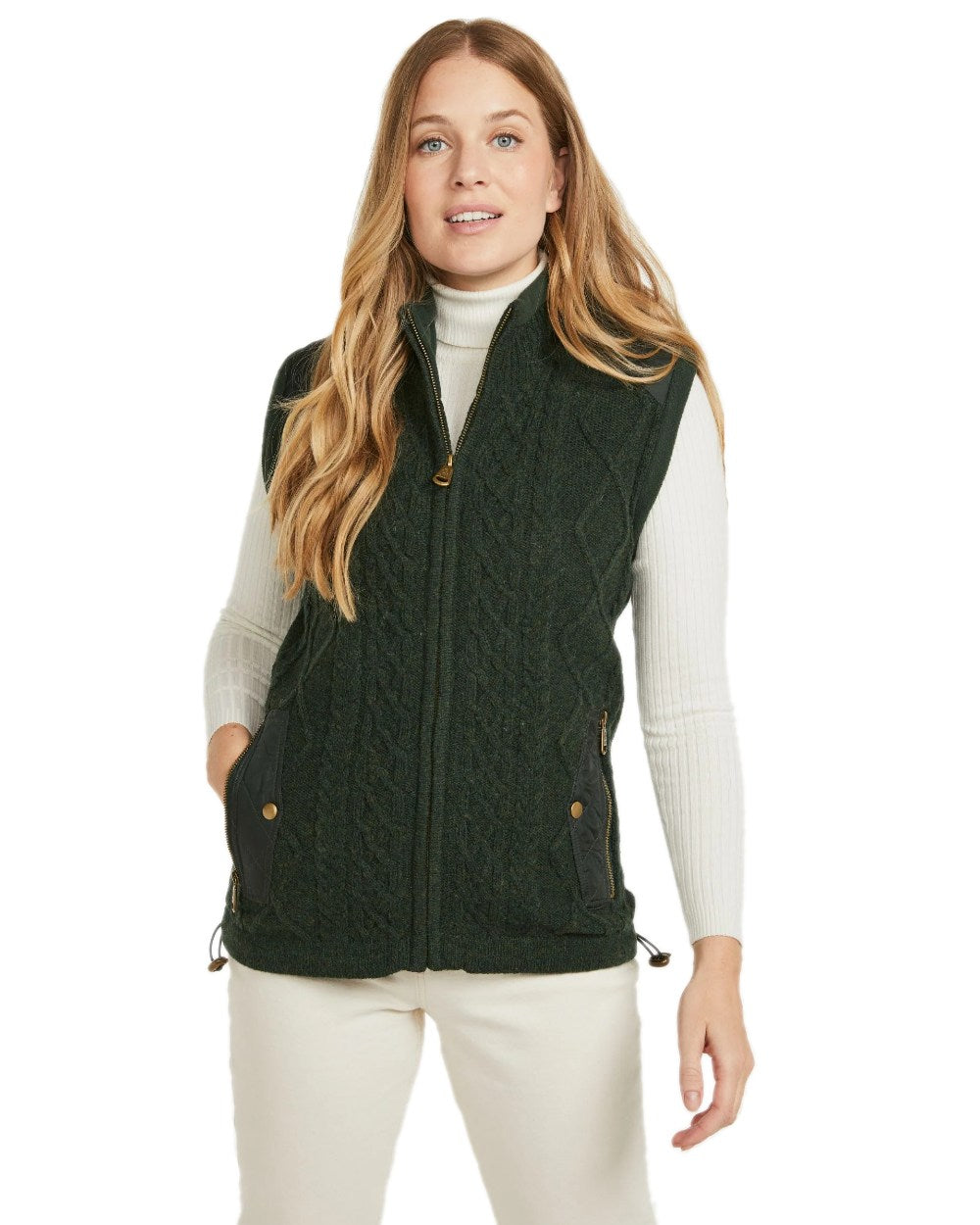 Green Coloured Aran Womens Castlehill Gilet with Fleece Collar on white background 