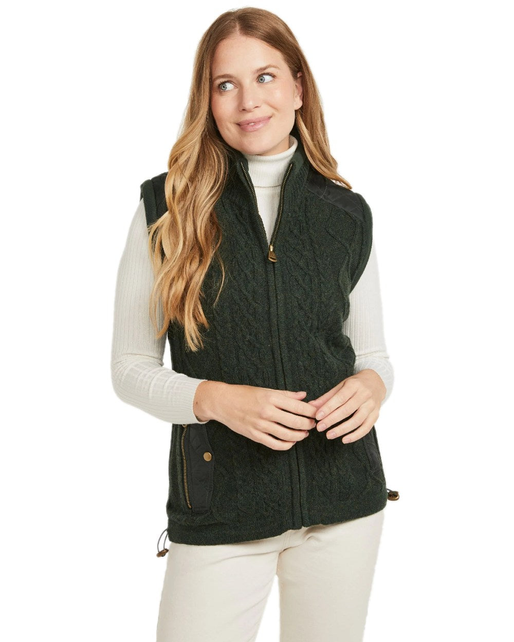 Green Coloured Aran Womens Castlehill Gilet with Fleece Collar on white background 