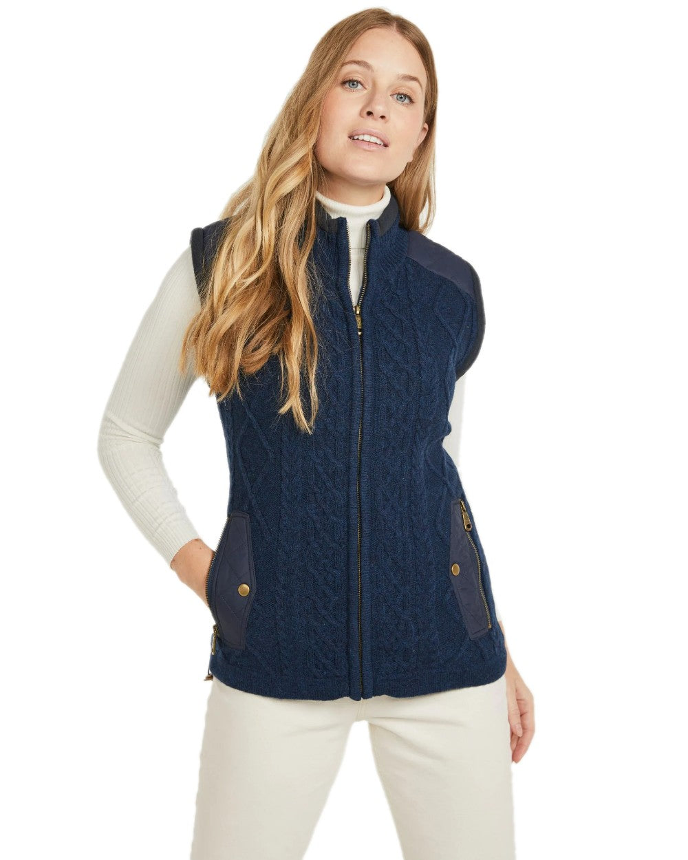 Navy Coloured Aran Womens Castlehill Gilet with Fleece Collar on white background 