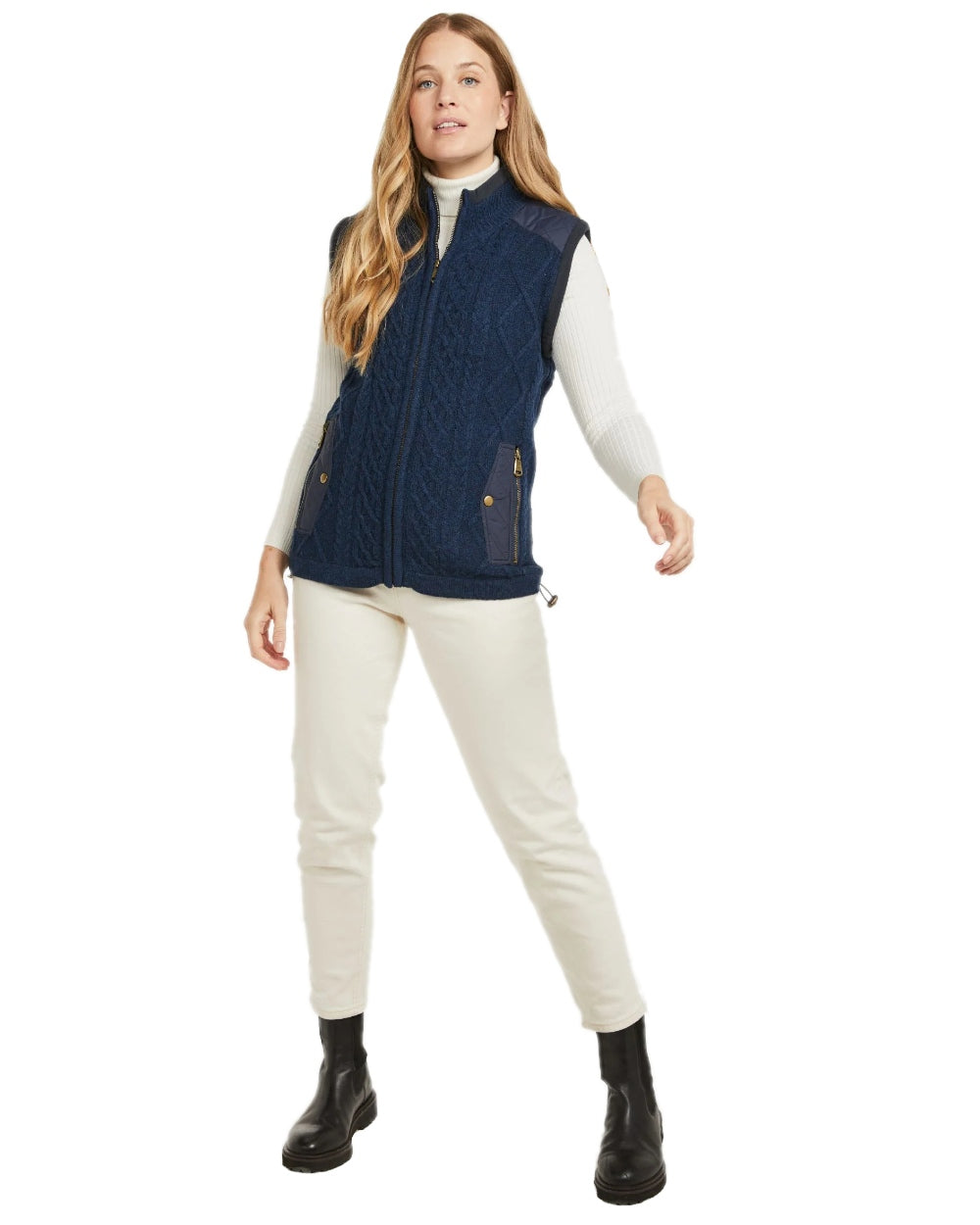 Navy Coloured Aran Womens Castlehill Gilet with Fleece Collar on white background 