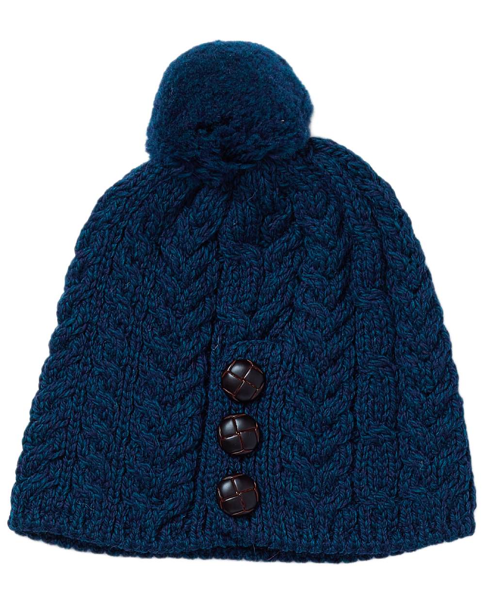Atlantic Blue Coloured Aran Womens Cong Hat With Pom Pom on white background 