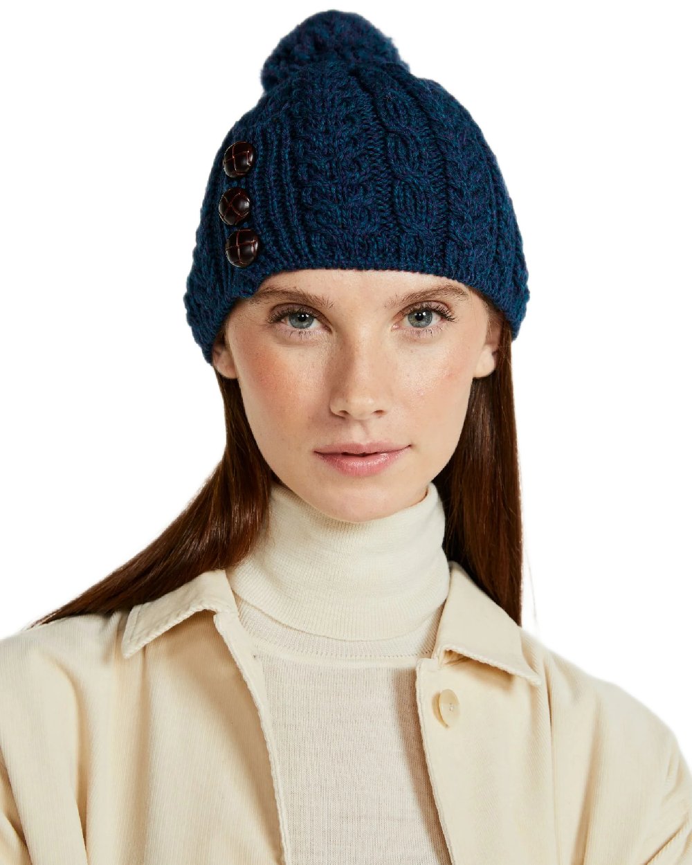 Atlantic Blue Coloured Aran Womens Cong Hat With Pom Pom on white background 