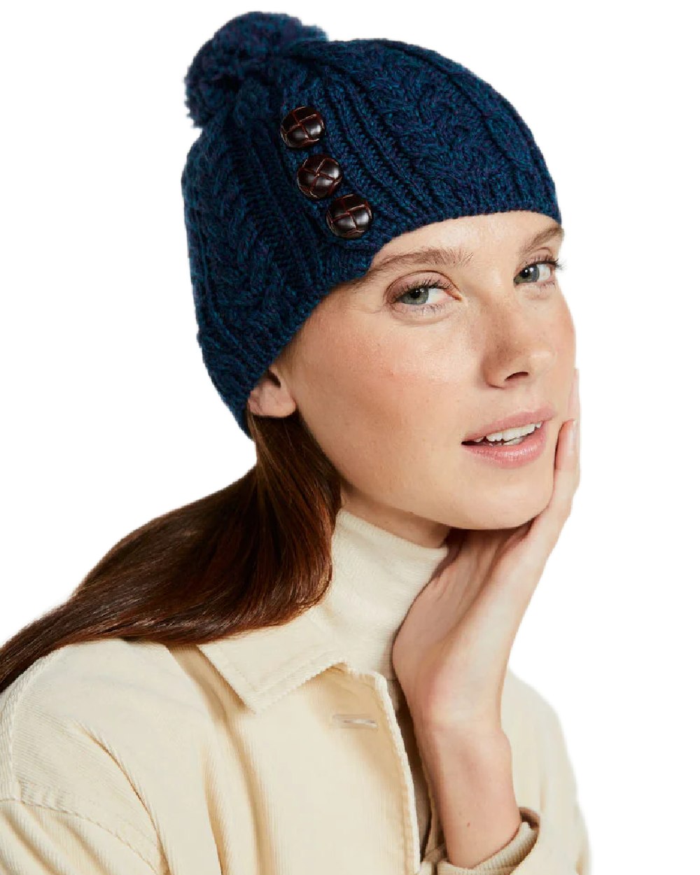 Atlantic Blue Coloured Aran Womens Cong Hat With Pom Pom on white background 