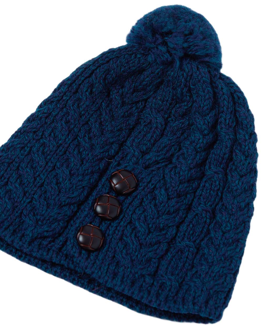 Atlantic Blue Coloured Aran Womens Cong Hat With Pom Pom on white background 