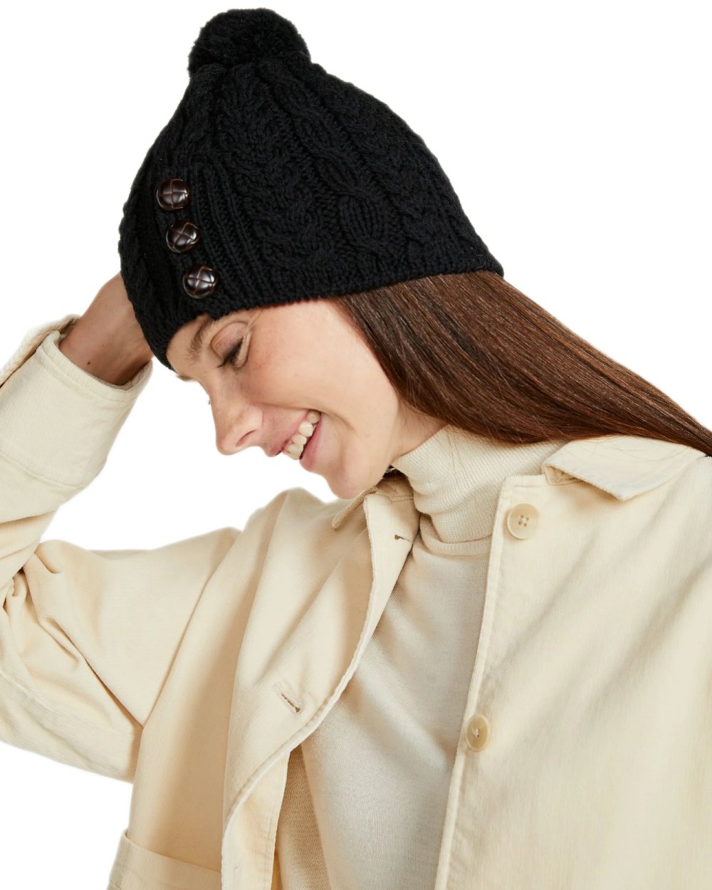 Black Coloured Aran Womens Cong Hat With Pom Pom on white background 