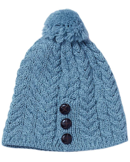 Blue Coloured Aran Womens Cong Hat With Pom Pom on white background 