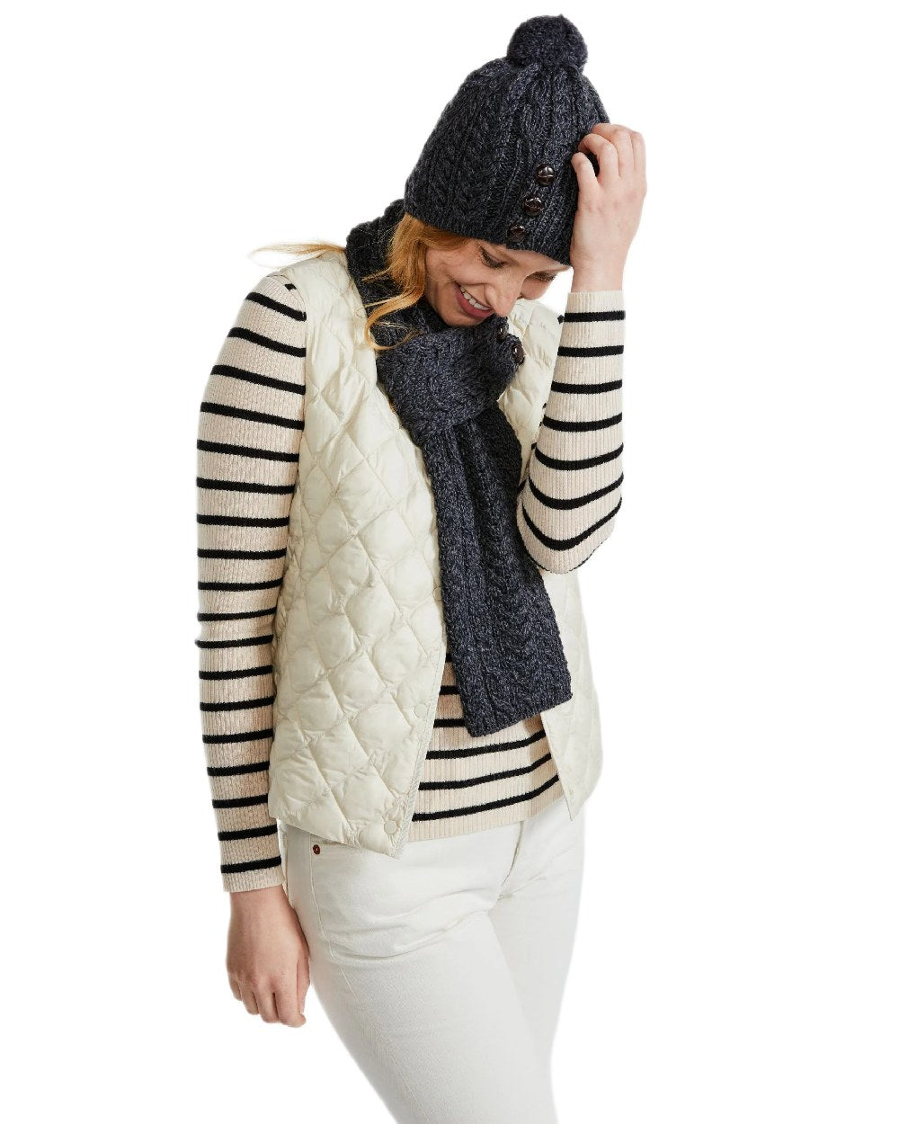 Charcoal Coloured Aran Womens Cong Hat With Pom Pom on white background 