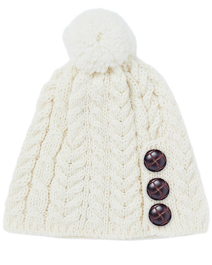 Cream Coloured Aran Womens Cong Hat With Pom Pom on white background 