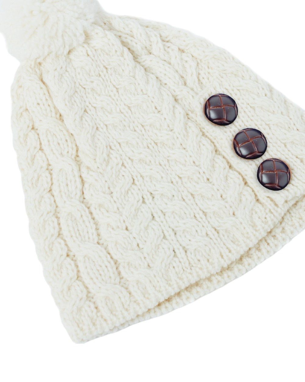 Cream Coloured Aran Womens Cong Hat With Pom Pom on white background 
