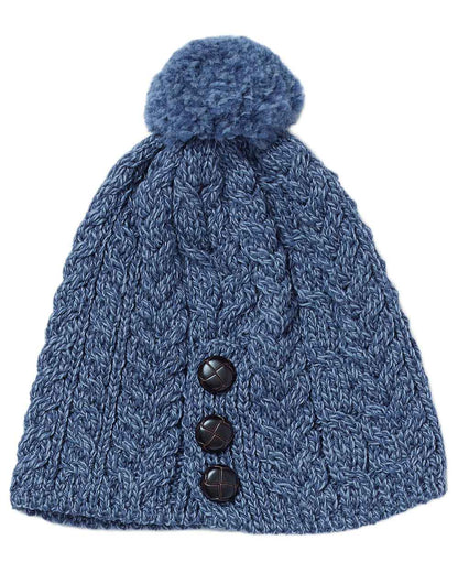 Denim Coloured Aran Womens Cong Hat With Pom Pom on white background 