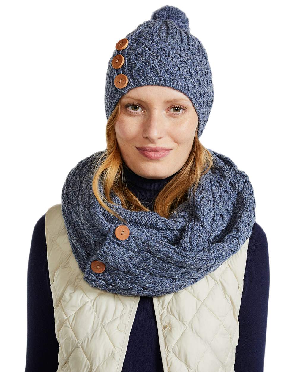 Denim Coloured Aran Womens Cong Hat With Pom Pom on white background 