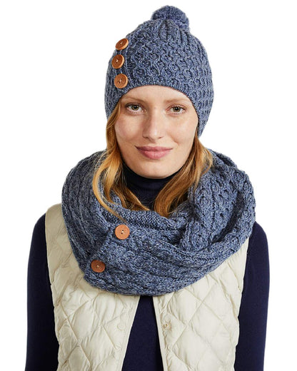 Denim Coloured Aran Womens Cong Hat With Pom Pom on white background 