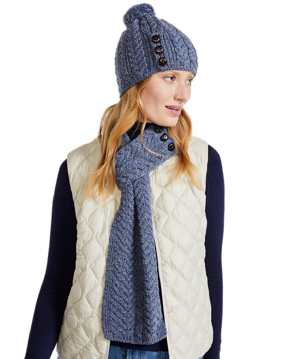 Denim Coloured Aran Womens Cong Hat With Pom Pom on white background 