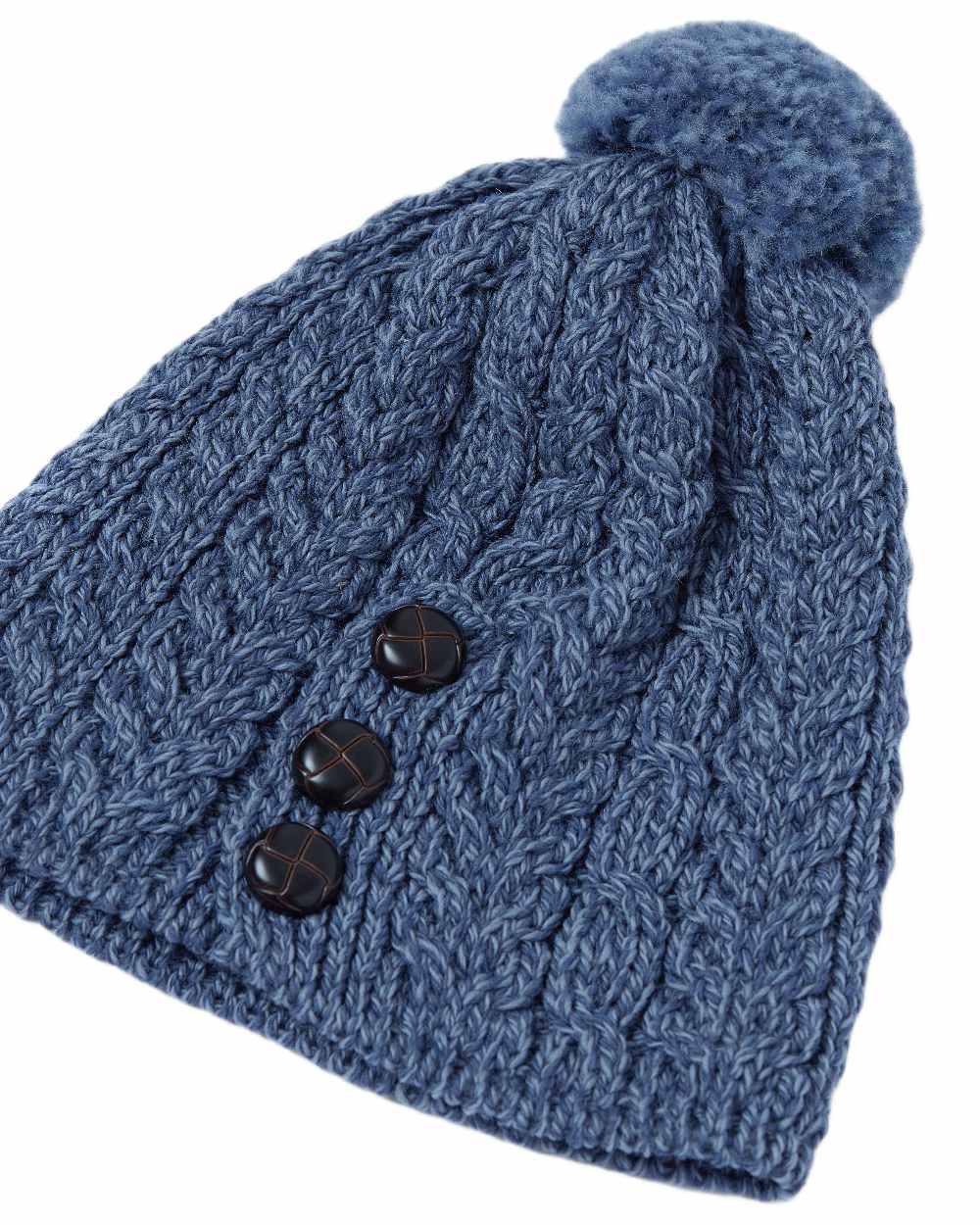 Denim Coloured Aran Womens Cong Hat With Pom Pom on white background 