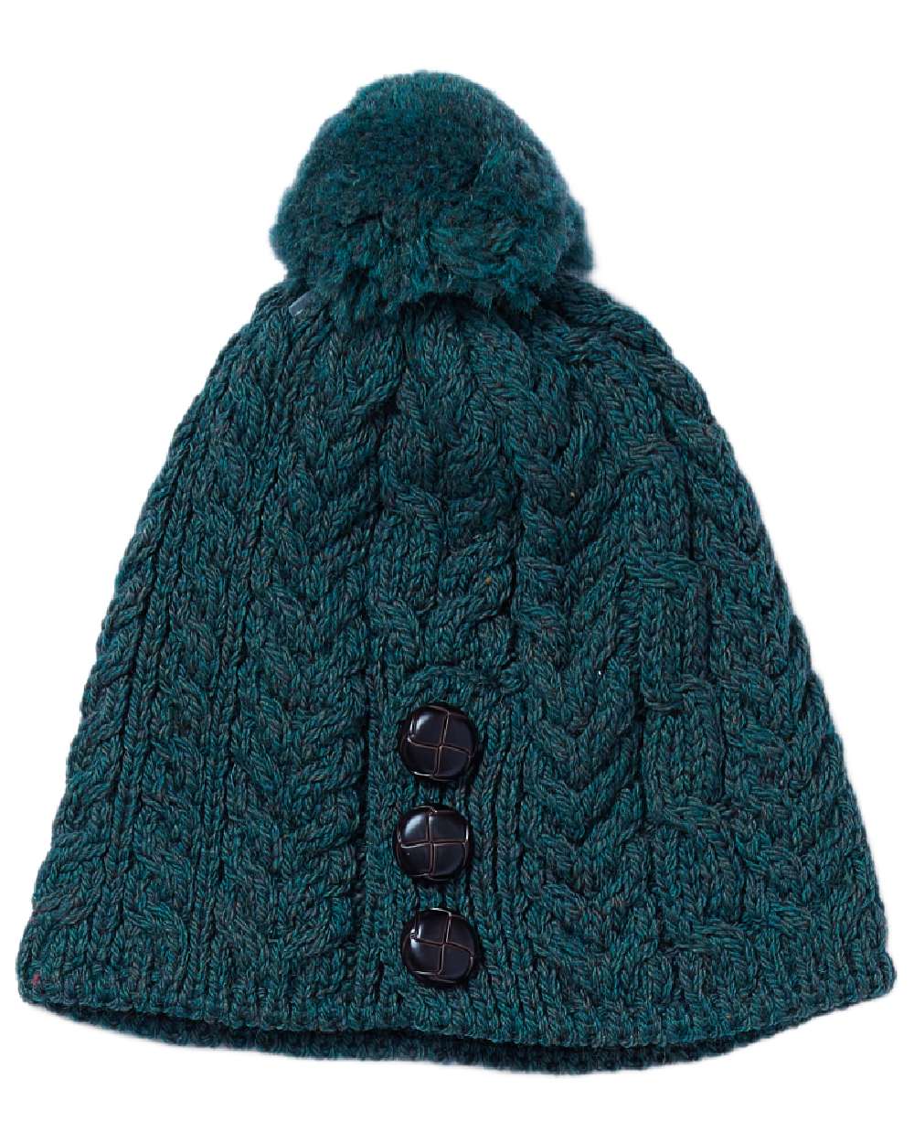 Forest Green Coloured Aran Womens Cong Hat With Pom Pom on white background 