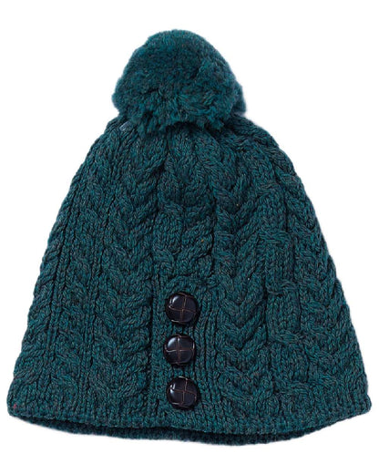 Forest Green Coloured Aran Womens Cong Hat With Pom Pom on white background 