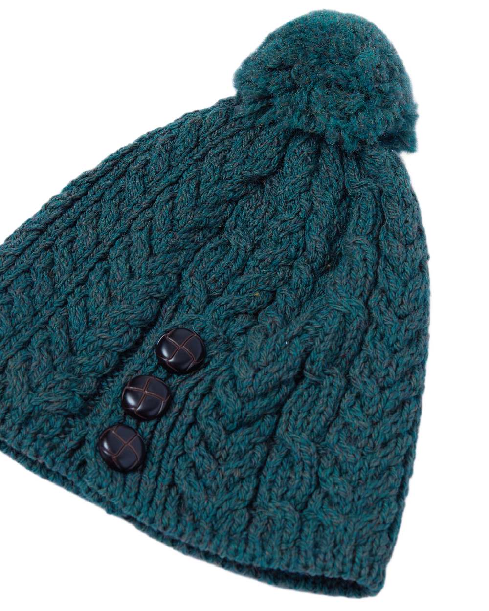Forest Green Coloured Aran Womens Cong Hat With Pom Pom on white background 