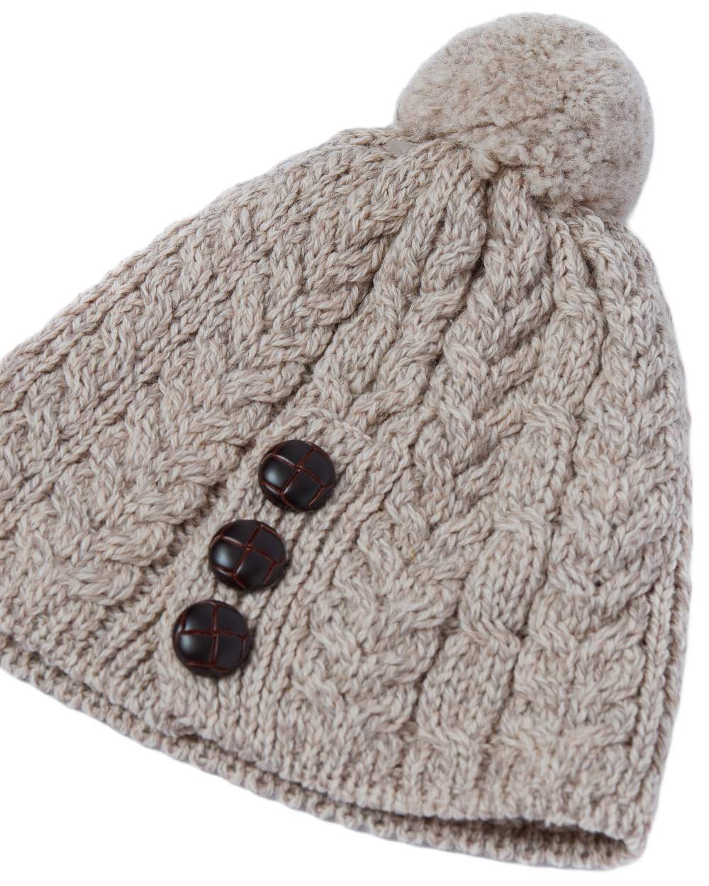 Oat Coloured Aran Womens Cong Hat With Pom Pom on white background 
