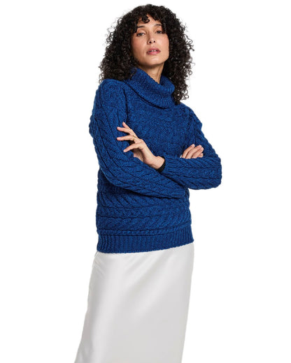 Blue Coloured Aran Womens Derreen Horizontal Cable Sweater on white background 