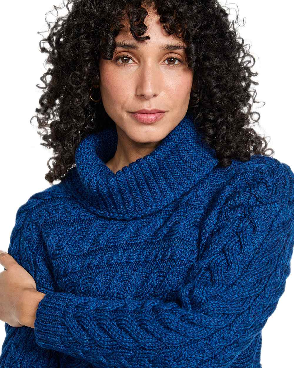 Blue Coloured Aran Womens Derreen Horizontal Cable Sweater on white background 