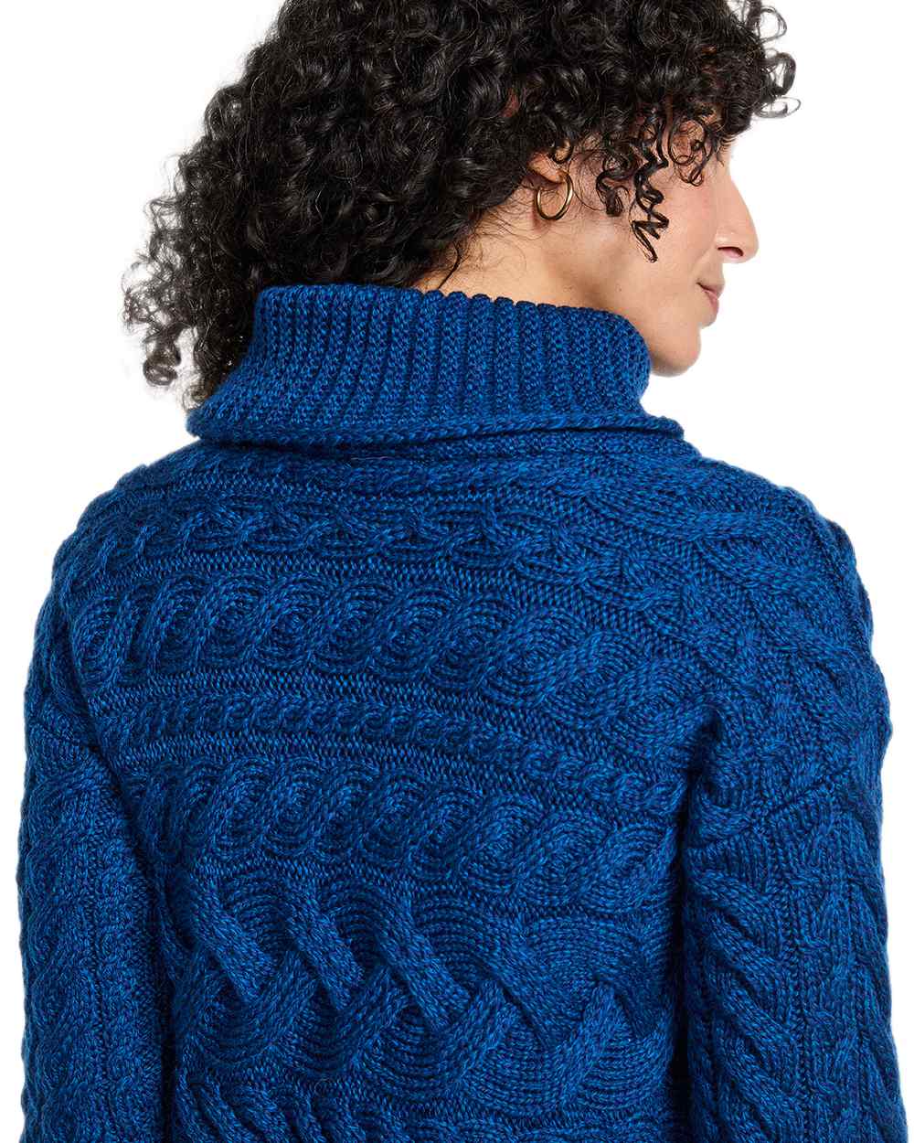 Blue Coloured Aran Womens Derreen Horizontal Cable Sweater on white background 
