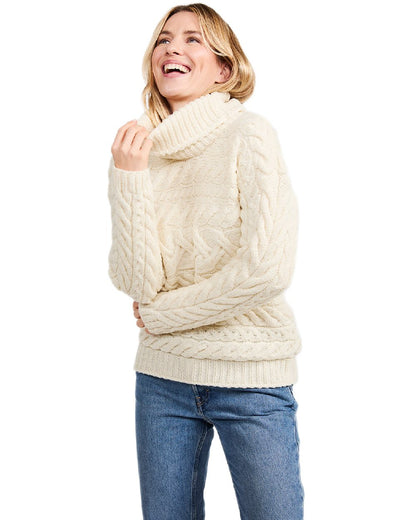 Cream Coloured Aran Womens Derreen Horizontal Cable Sweater on white background 
