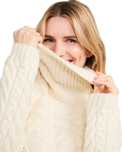 Cream Coloured Aran Womens Derreen Horizontal Cable Sweater on white background 