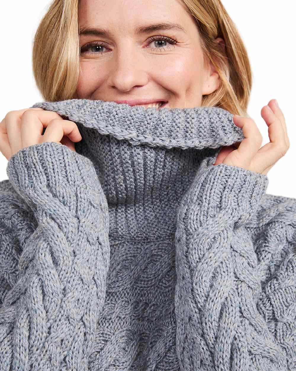 Denim Coloured Aran Womens Derreen Horizontal Cable Sweater on white background 