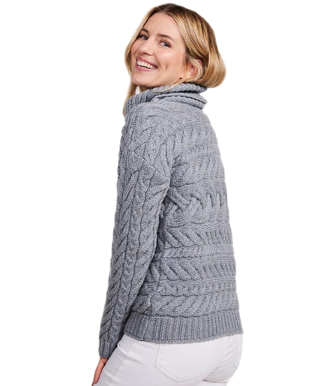 Denim Coloured Aran Womens Derreen Horizontal Cable Sweater on white background 